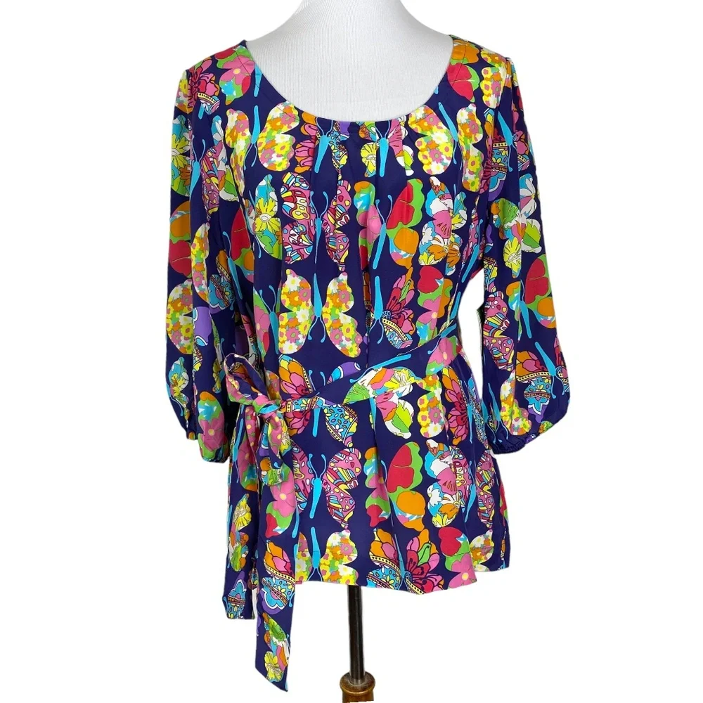 RARE NWT Lilly Pulitzer Bright Navy Out There Butterfly Silk Tunic Top XL - Picture 1 of 16